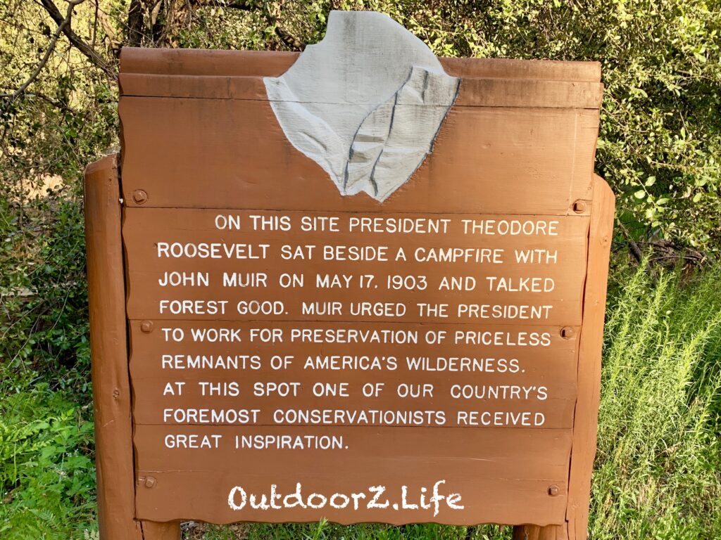 Picture of a sign in Yosemite commemorating the meeting between President Theodore Roosevelt and John Muir.