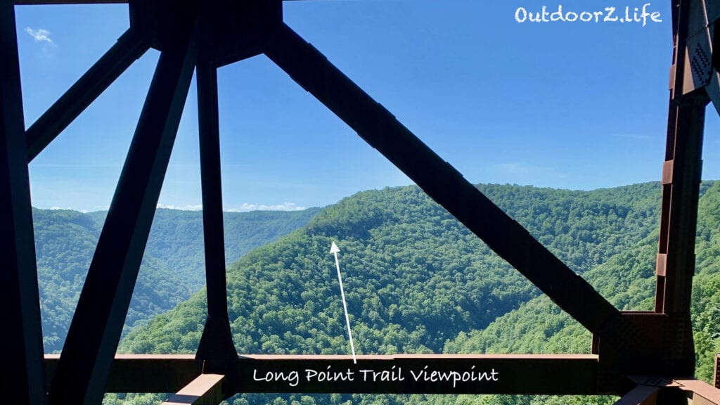The Long Point Trail viewpoint as seen from the New River Gorge Bridge.