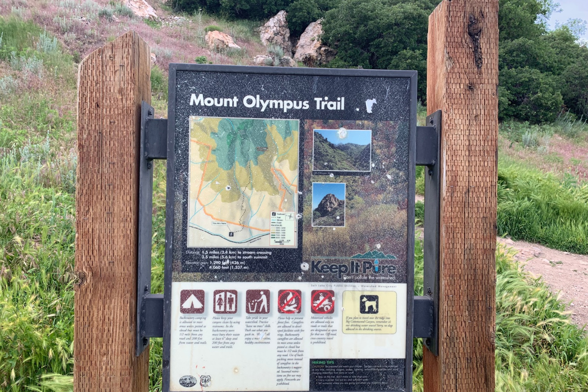 Mount Olympus Trail sign showing distances and elevation gain