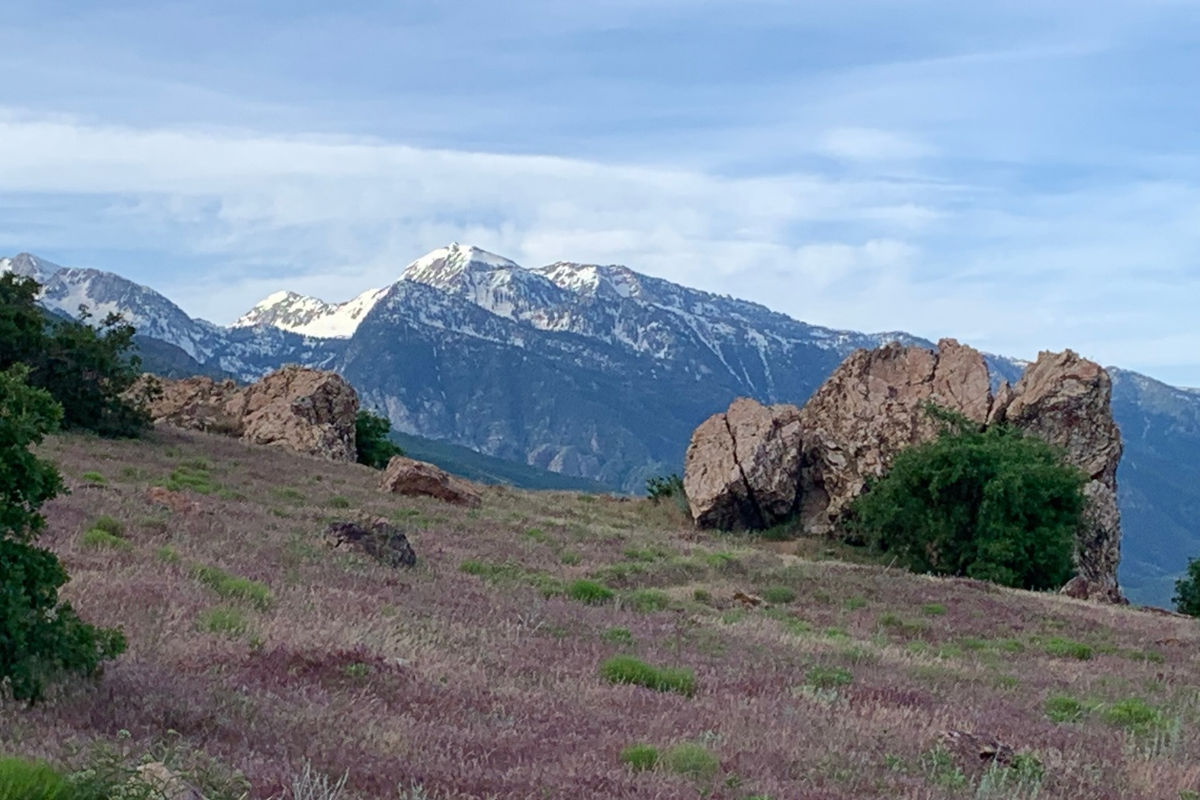 Large rock outcrop with snow covered mountains in the distance